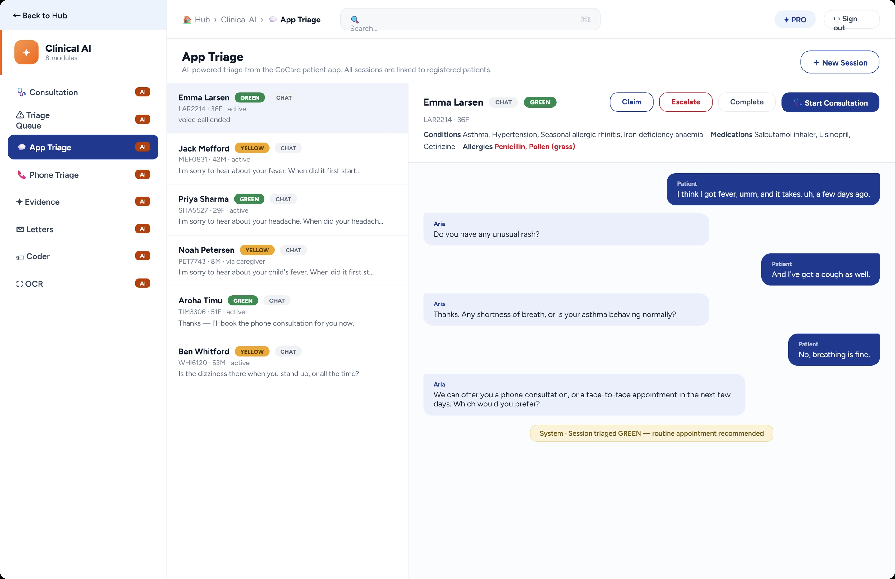 CoCare app triage view
